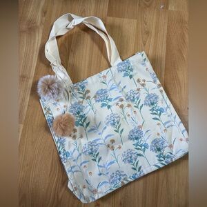 Floral Canvas Tote Bag with Pom Poms